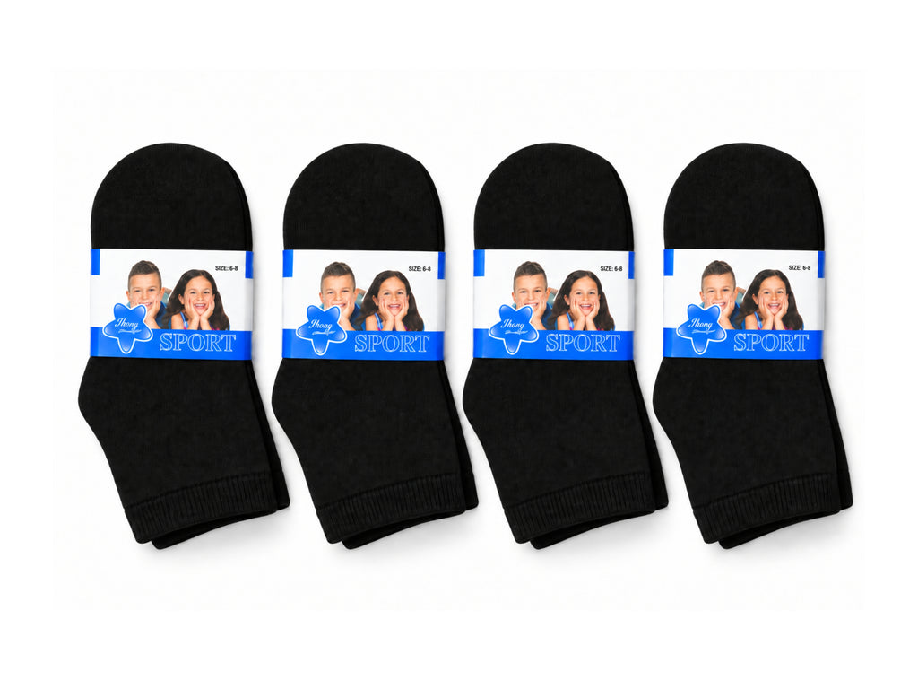 Kids' Unisex Black Sport Socks – 12 Pairs (Ages 6–8 Years)