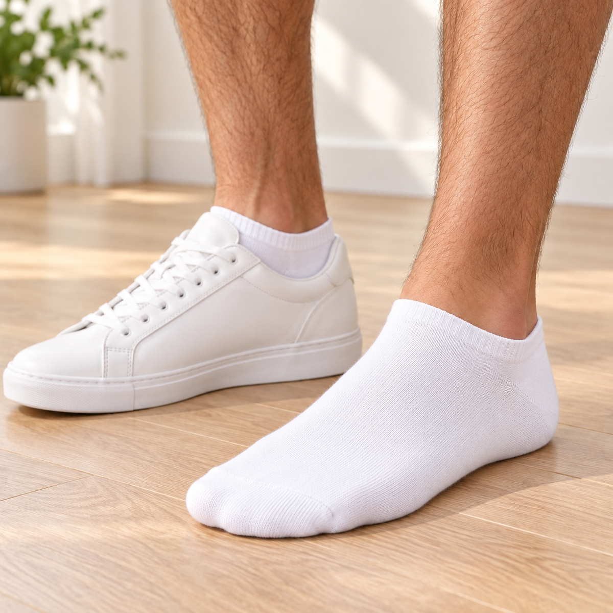 W-2 men's white summer cotton ankle socks worn with white sneakers