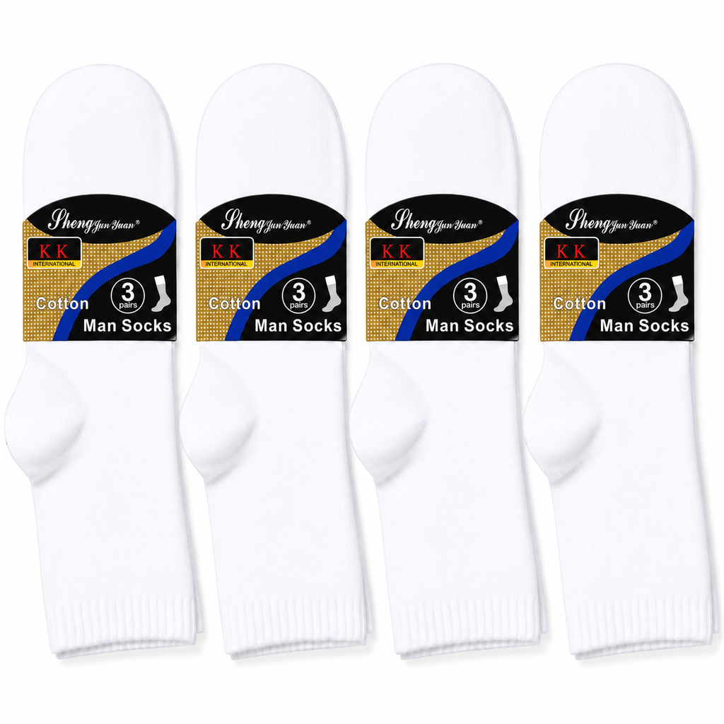 Four 3-pair packs of W-5 men's pure-white long cotton socks