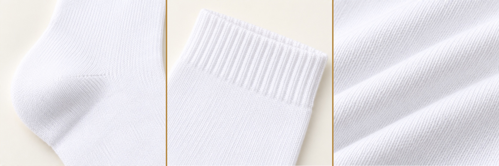 Three close-up views of the exact white W-5 sock knit material, cuff and construction