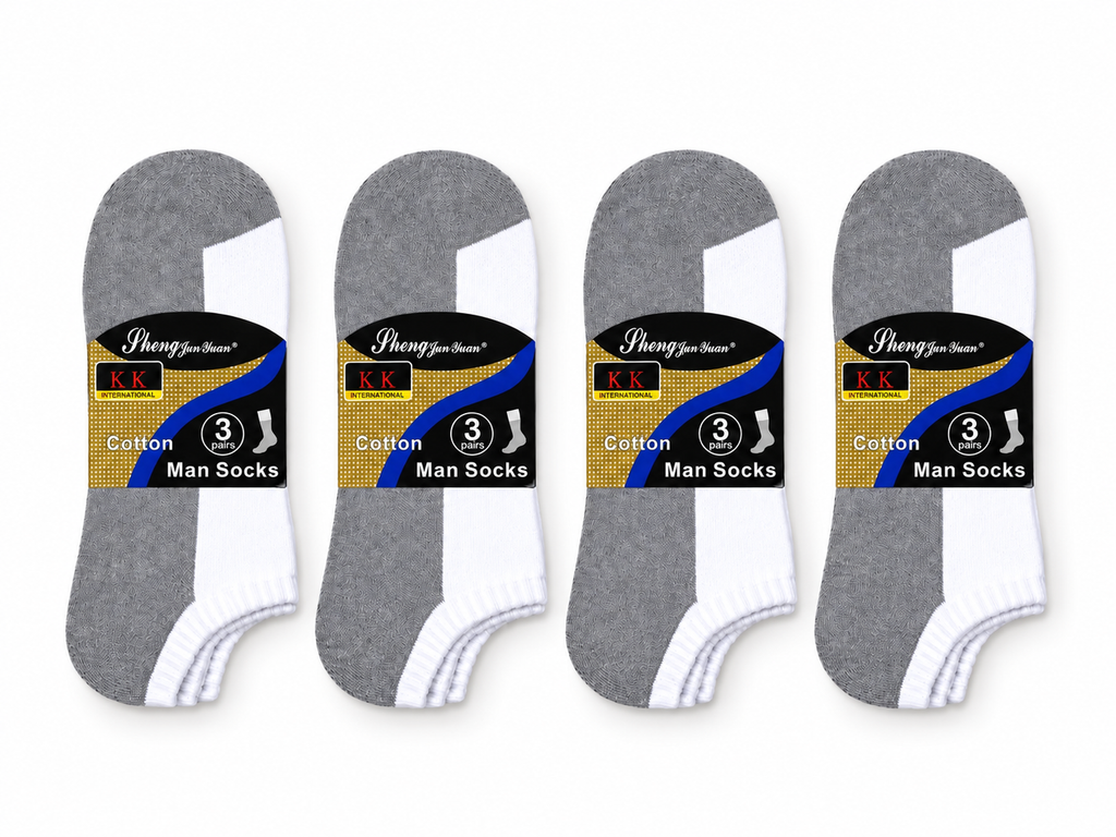 WR-1 grey and white men's low-cut ankle socks — four 3-pair packs on pure white background