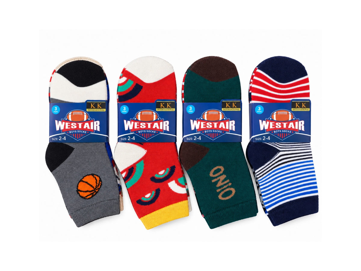 Boys' warm winter socks, size 2-4; four 3-pair packs shown