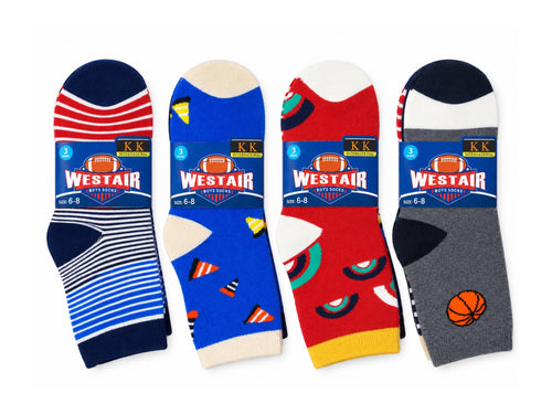 Boys' warm winter socks, size 6-8; four 3-pair packs shown