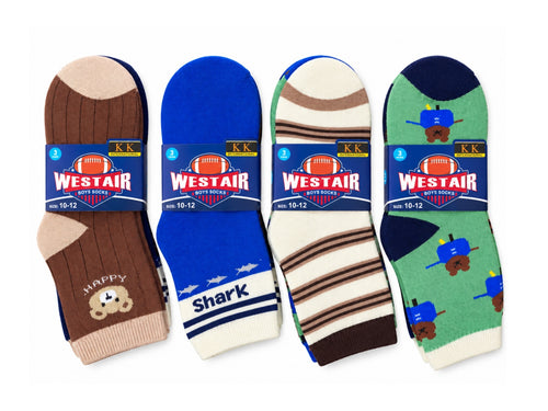Boys' warm winter socks, size 10-12; four 3-pair packs shown