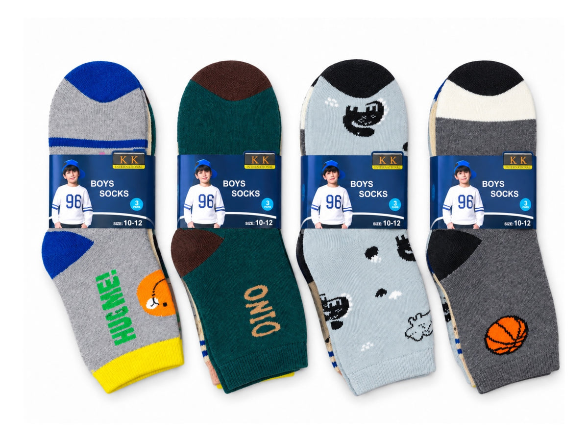 Boys' warm winter socks, size 10-12; four 3-pair packs shown