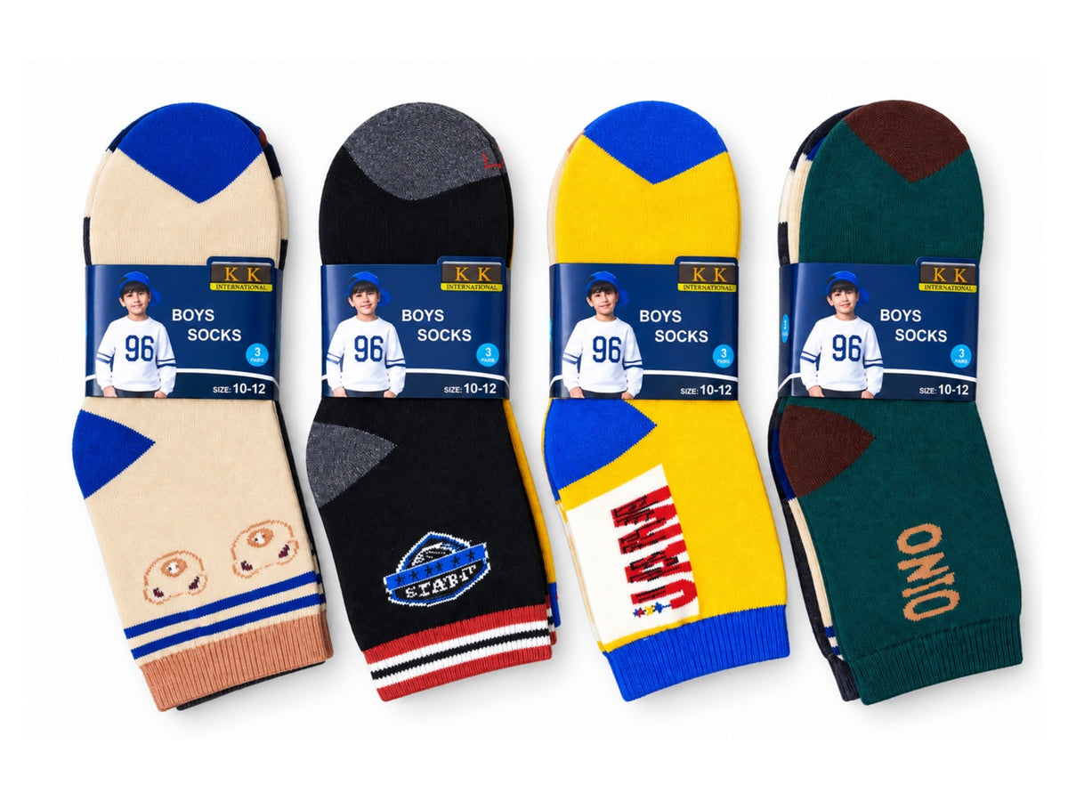 Boys' warm winter socks, size 10-12; four 3-pair packs shown
