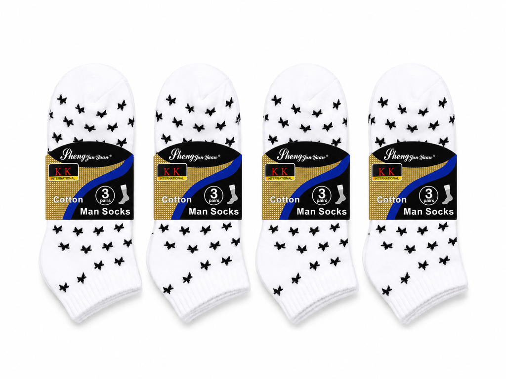 Men’s White Bow Pattern Cotton Ankle Socks – 12 Pairs – main view