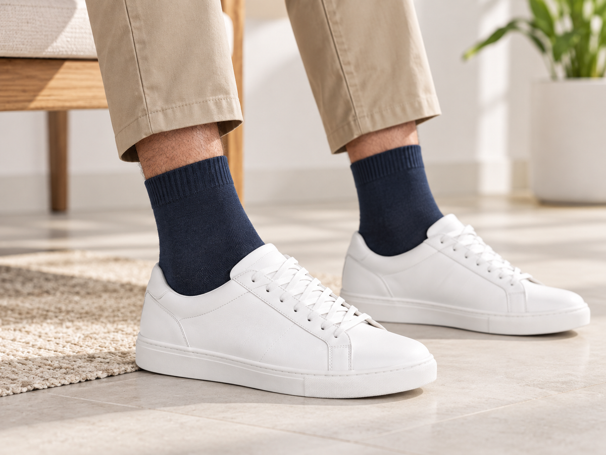 Navy three-quarter socks worn with sneakers