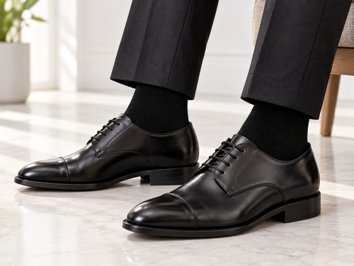 Black cotton socks worn with formal shoes