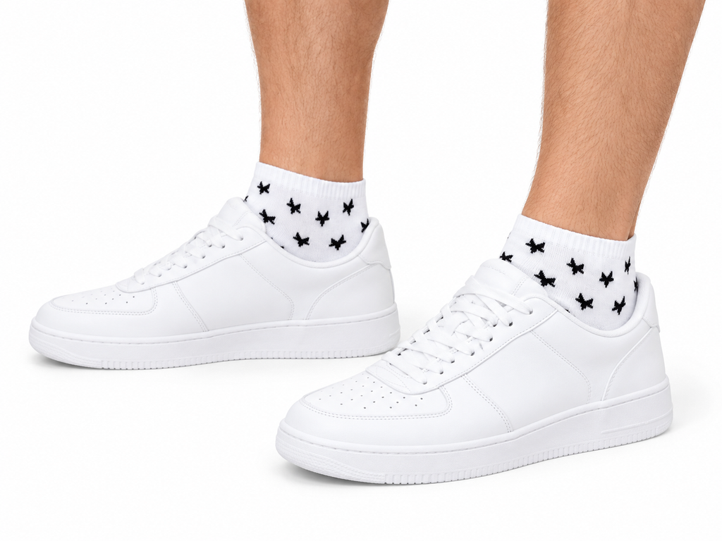 Men’s White Bow Pattern Cotton Ankle Socks – 12 Pairs – lifestyle view