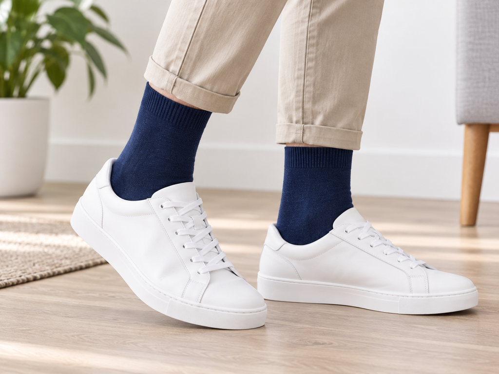 Navy long socks worn with sneakers
