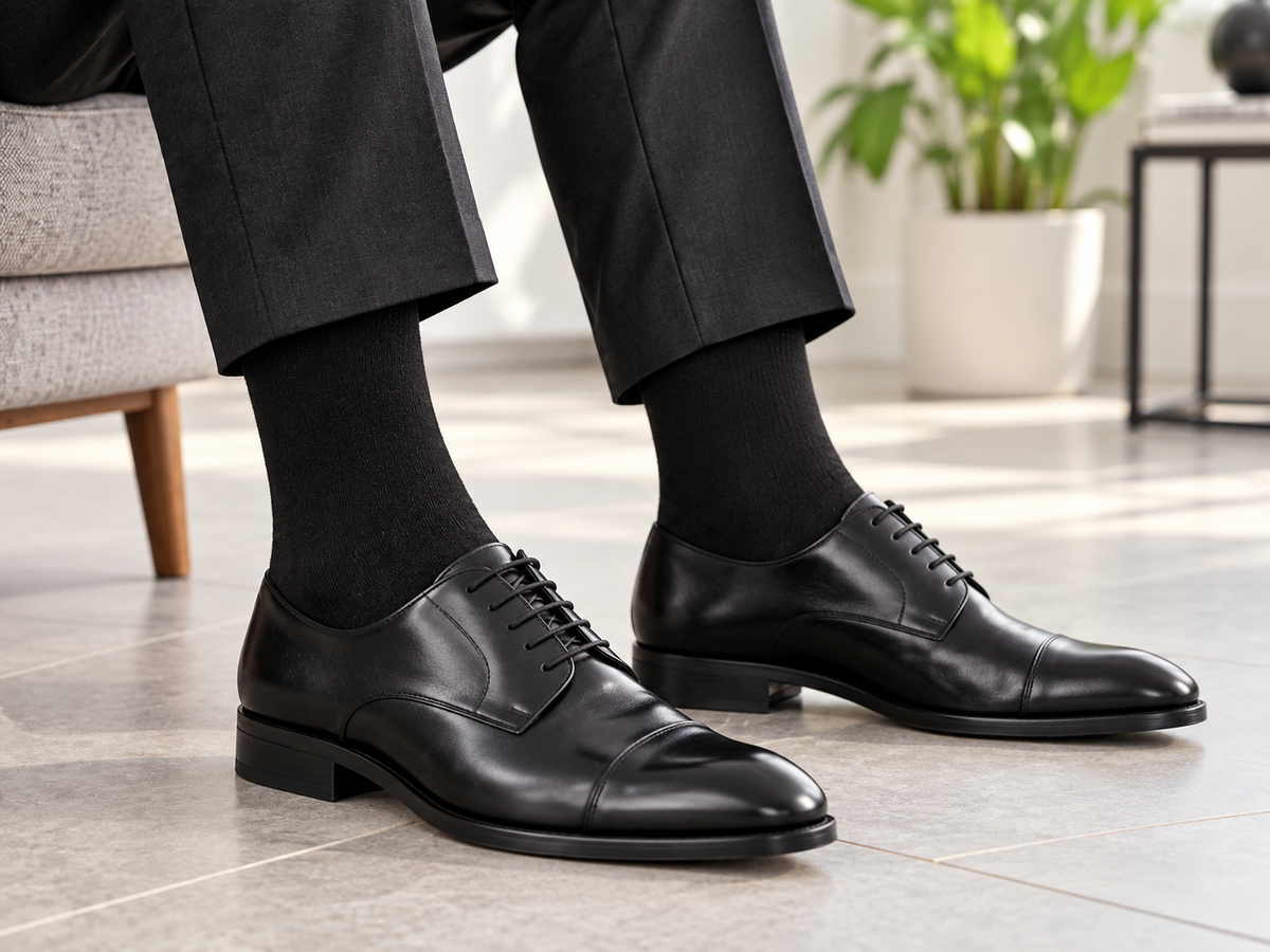 Black long socks worn with formal shoes