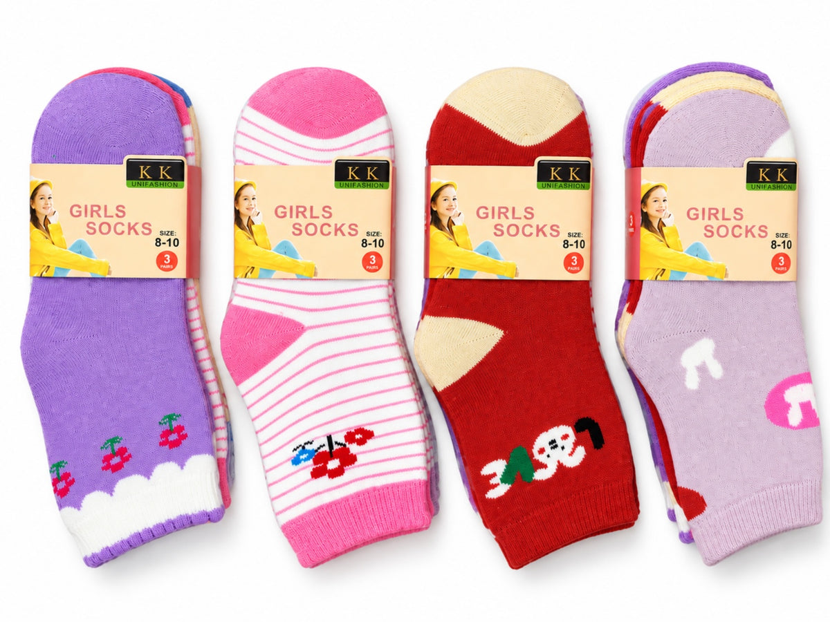Girls’ warm winter socks, size 8–10; photo shows four 3-pair packs with assorted cherry, stripe, and character designs.
