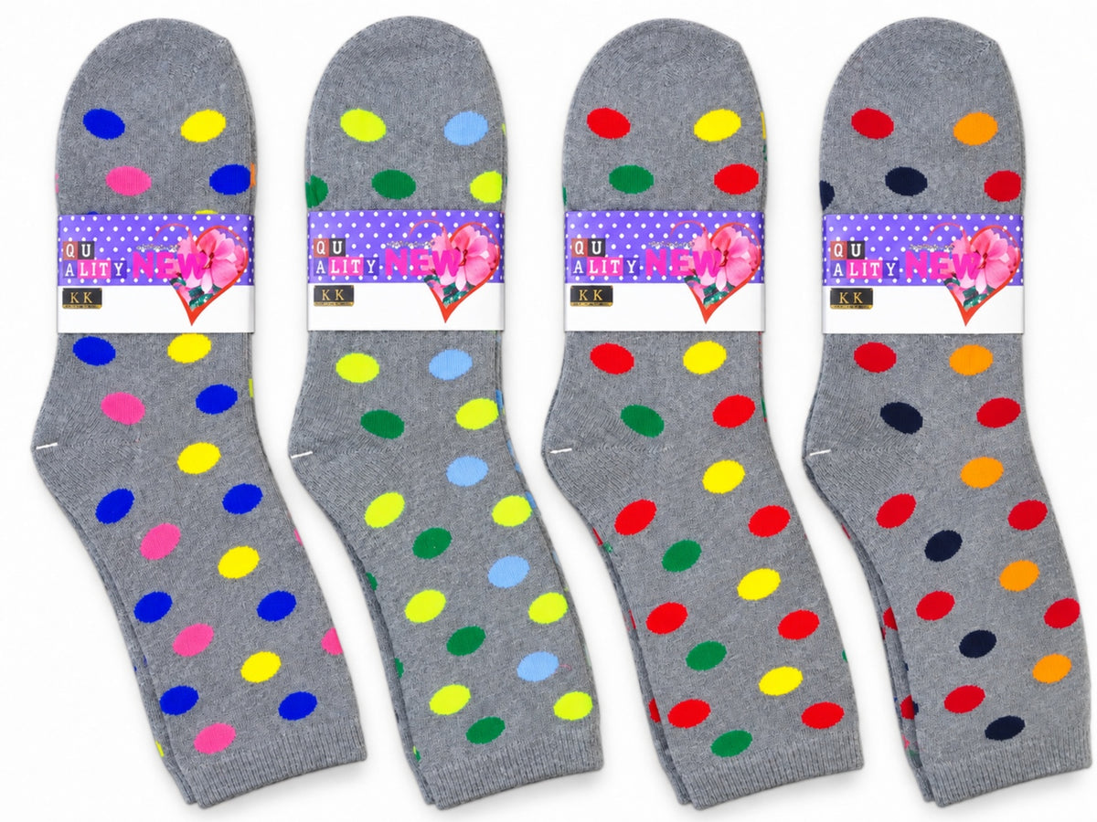 Women's Winter Thick Crew Socks – Colorful Dot Grey Collection – 12 Pair Pack
