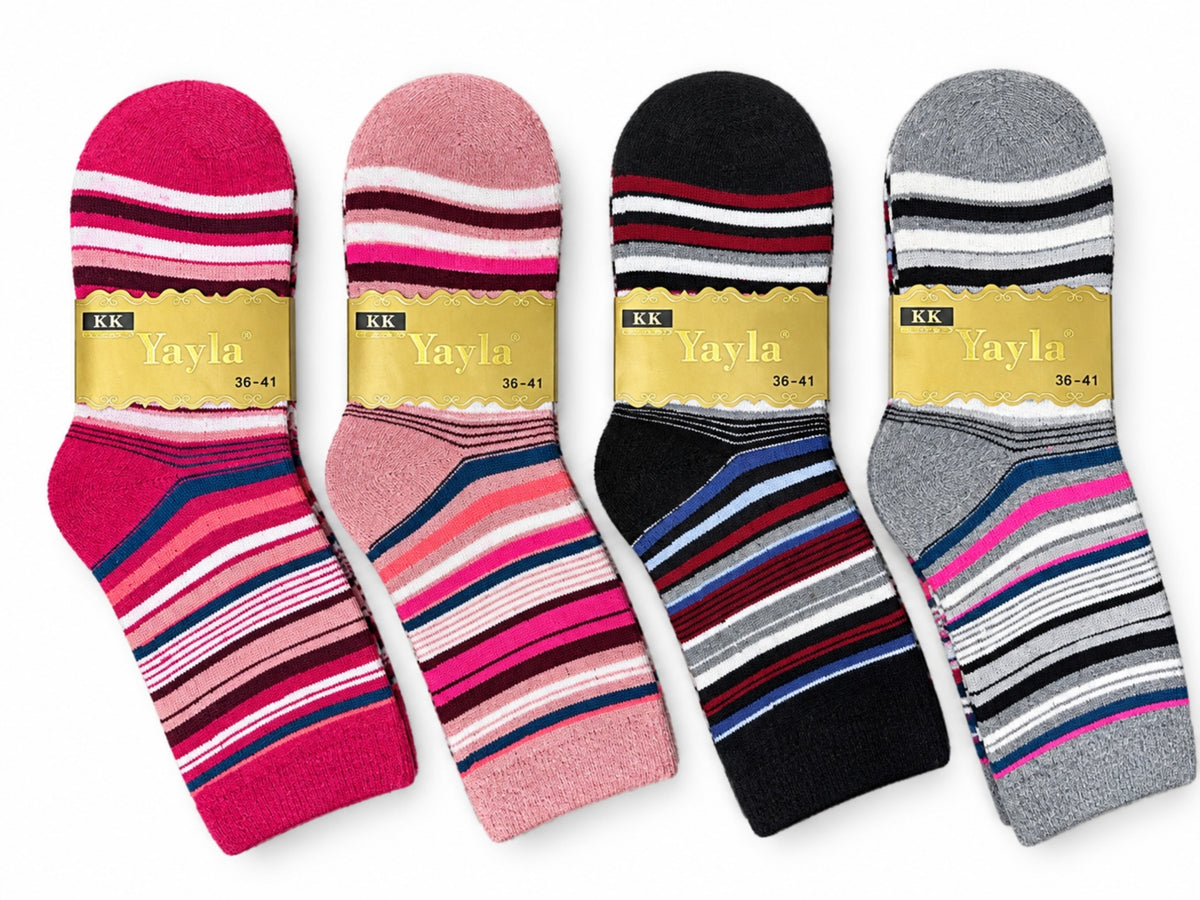 Women's Winter Thick Crew Socks – Multicolor Stripe Collection – 12 Pair Pack