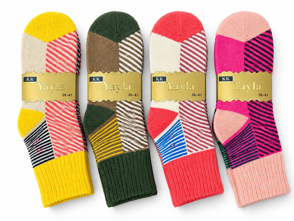 Women's Winter Thick Crew Socks – Colorblock Geometric Collection – 12 Pair Pack