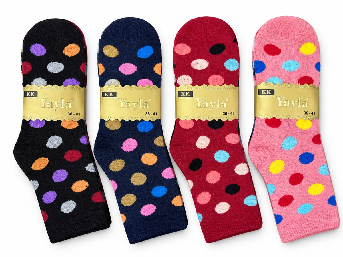 Women's Winter Thick Crew Socks – Rainbow Polka Dot Collection – 12 Pair Pack