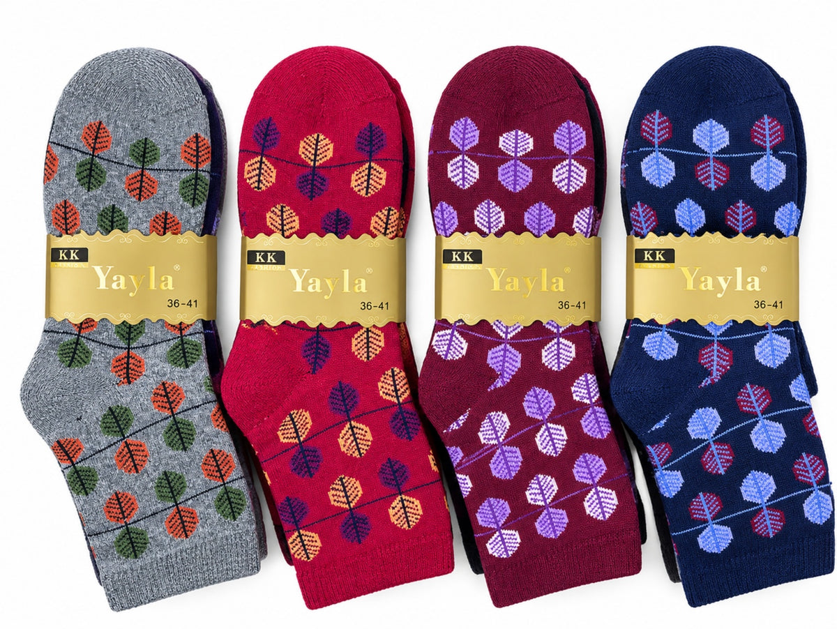 Women's Winter Thick Crew Socks – Floral Dot Collection – 12 Pair Pack