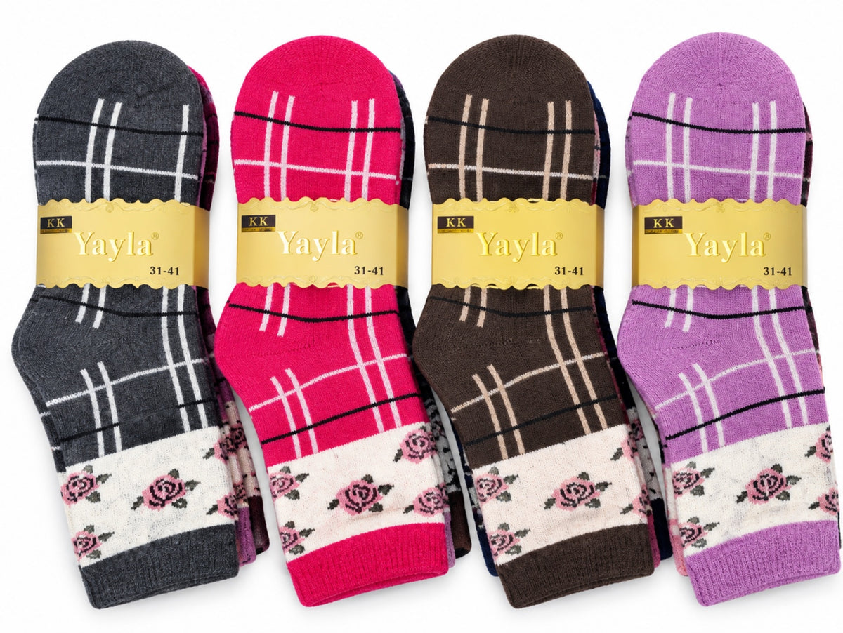 Women's Winter Thick Crew Socks – Plaid Rose Collection – 12 Pair Pack