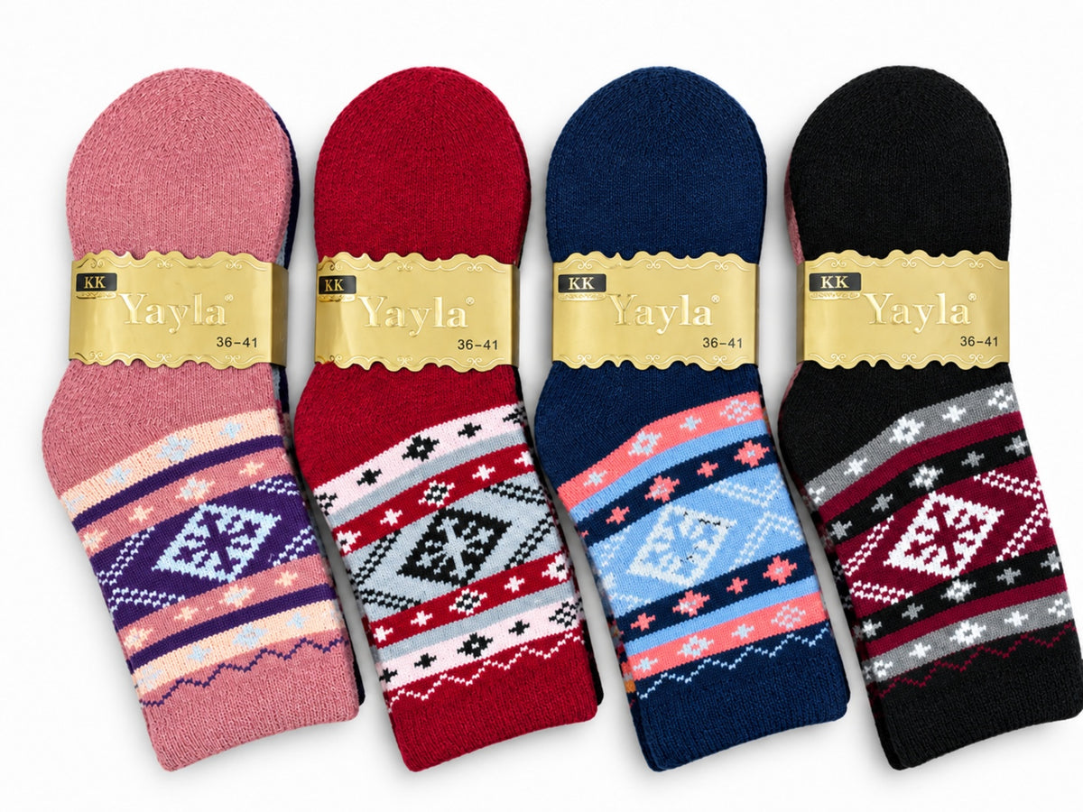 Women's Winter Thick Crew Socks – Snowflake Geometric Collection – 12 Pair Pack