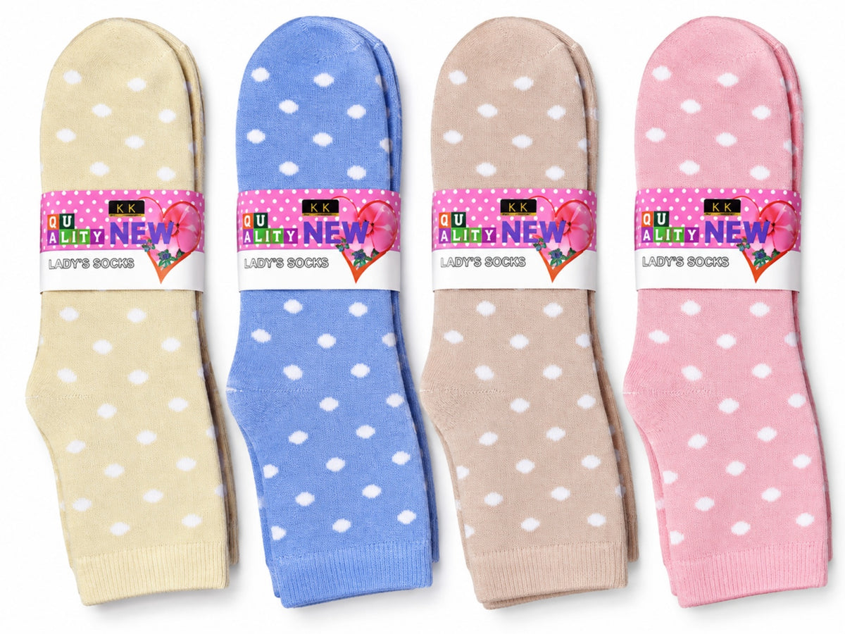 Women's Winter Thick Crew Socks – Pastel White Dot Collection – 12 Pair Pack