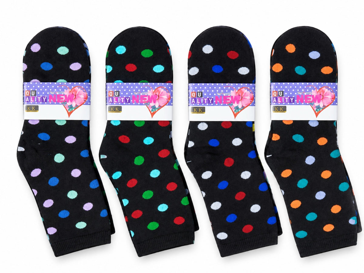 Women's Winter Thick Crew Socks – Rainbow Dots on Black Collection – 12 Pair Pack