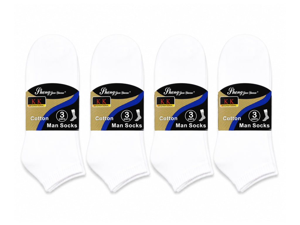 Four 3-pair packs of men's white cotton ankle socks
