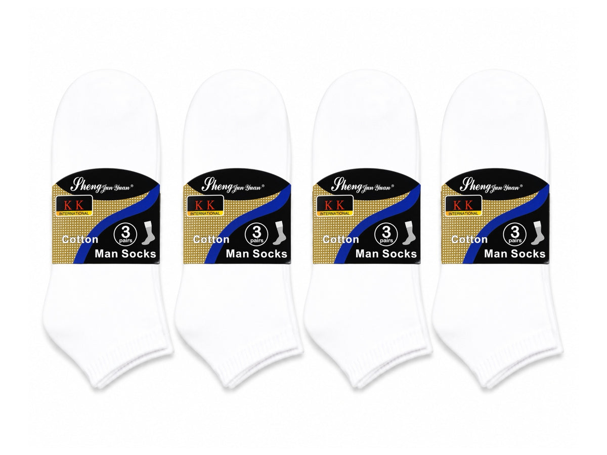 Four 3-pair packs of men's white cotton ankle socks